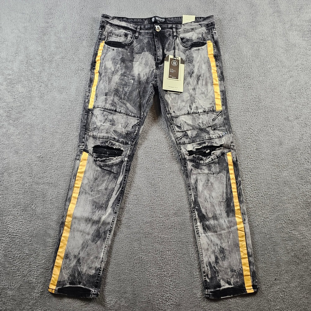 Encrypted Supply Co Mens 36x32 Skinny Fit Acid Wash Moto Distressed Jeans NEW